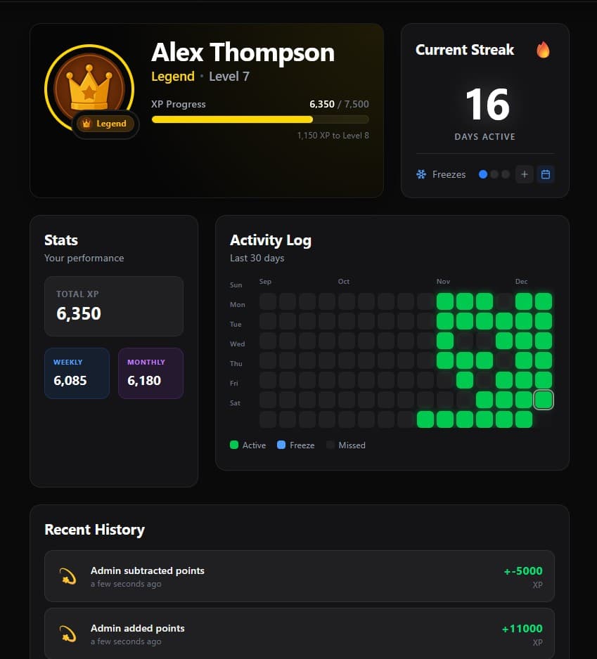 User profile with XP gamification - points, levels, streaks, and leaderboards
